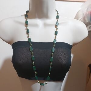 Vintage Gold Tone and Green Beads Linked Necklace Extra Long Pullover Styling